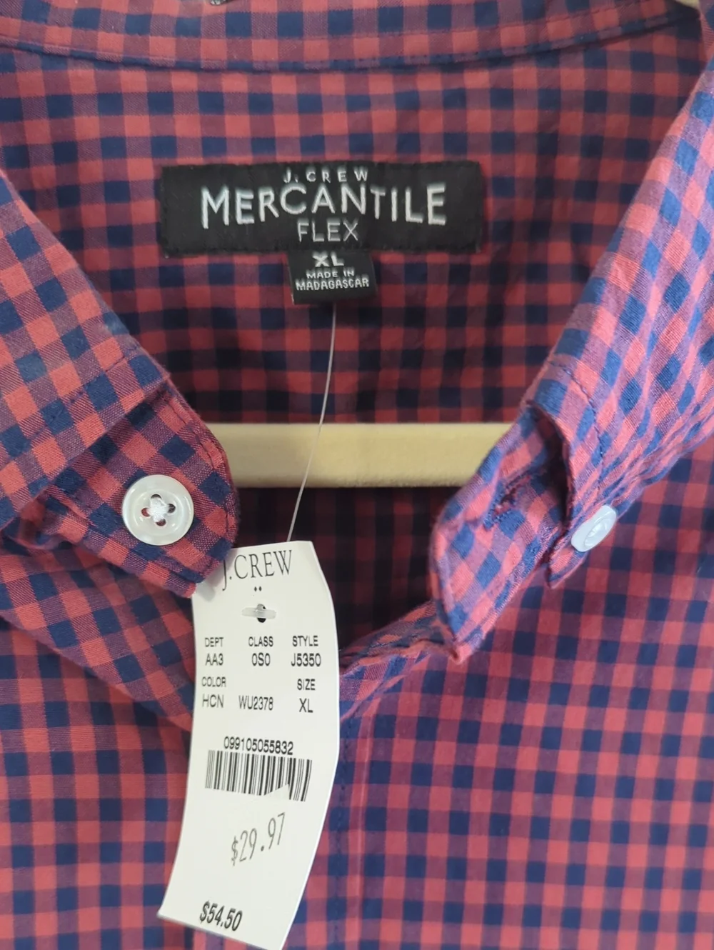 J. Crew Men’s Burgundy and Navy Gingham Button-Down Shirt